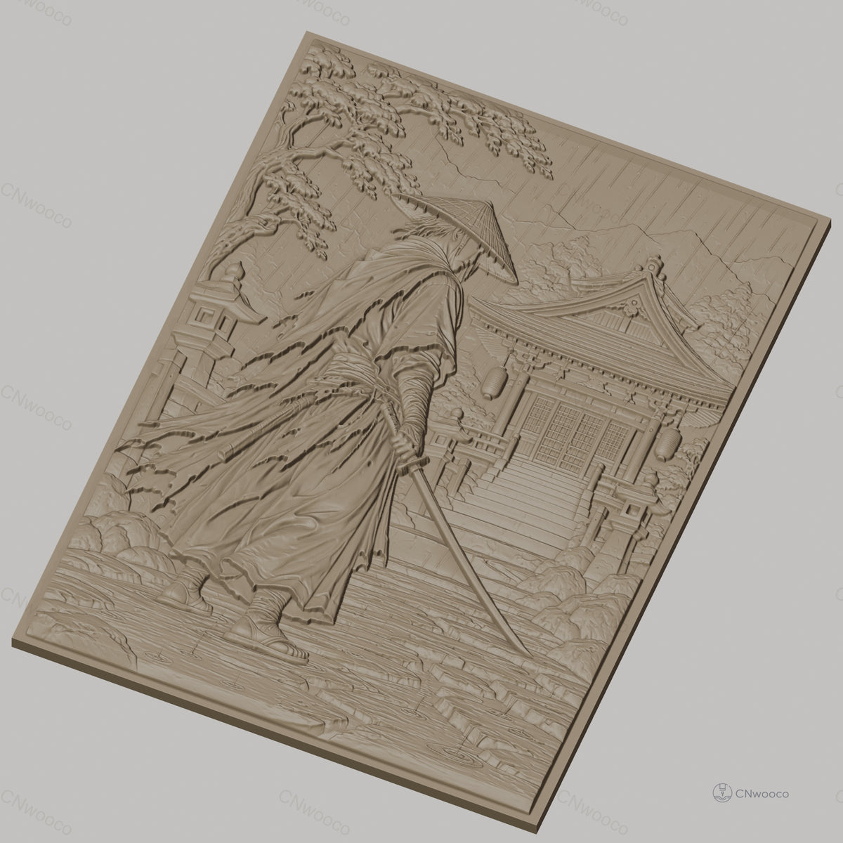 Fichier CNC & impression 3D samouraï sous la pluie, temple japonais et sabre, haute qualité relief STL