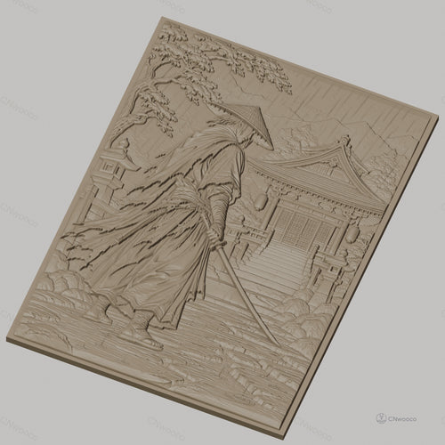 Fichier CNC & impression 3D samouraï sous la pluie, temple japonais et sabre, haute qualité relief STL