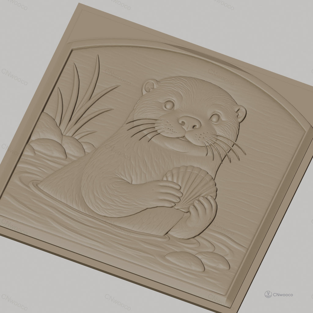Fichier CNC & impression 3D Loutre tenant une coquille, décor naturel avec eau et rochers, haute qualité relief STL