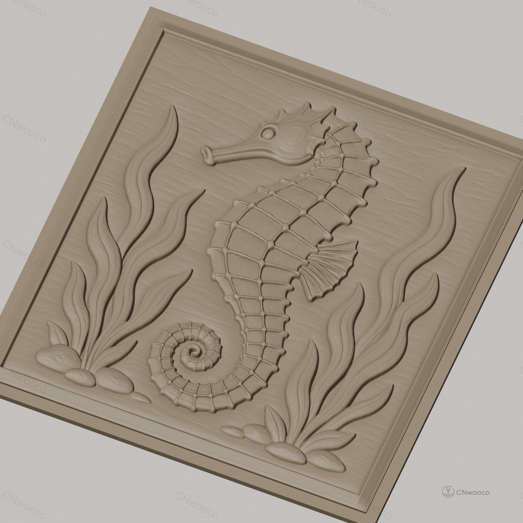 Fichier CNC & impression 3D hippocampe marin, algues et cailloux relief, haute qualité relief STL