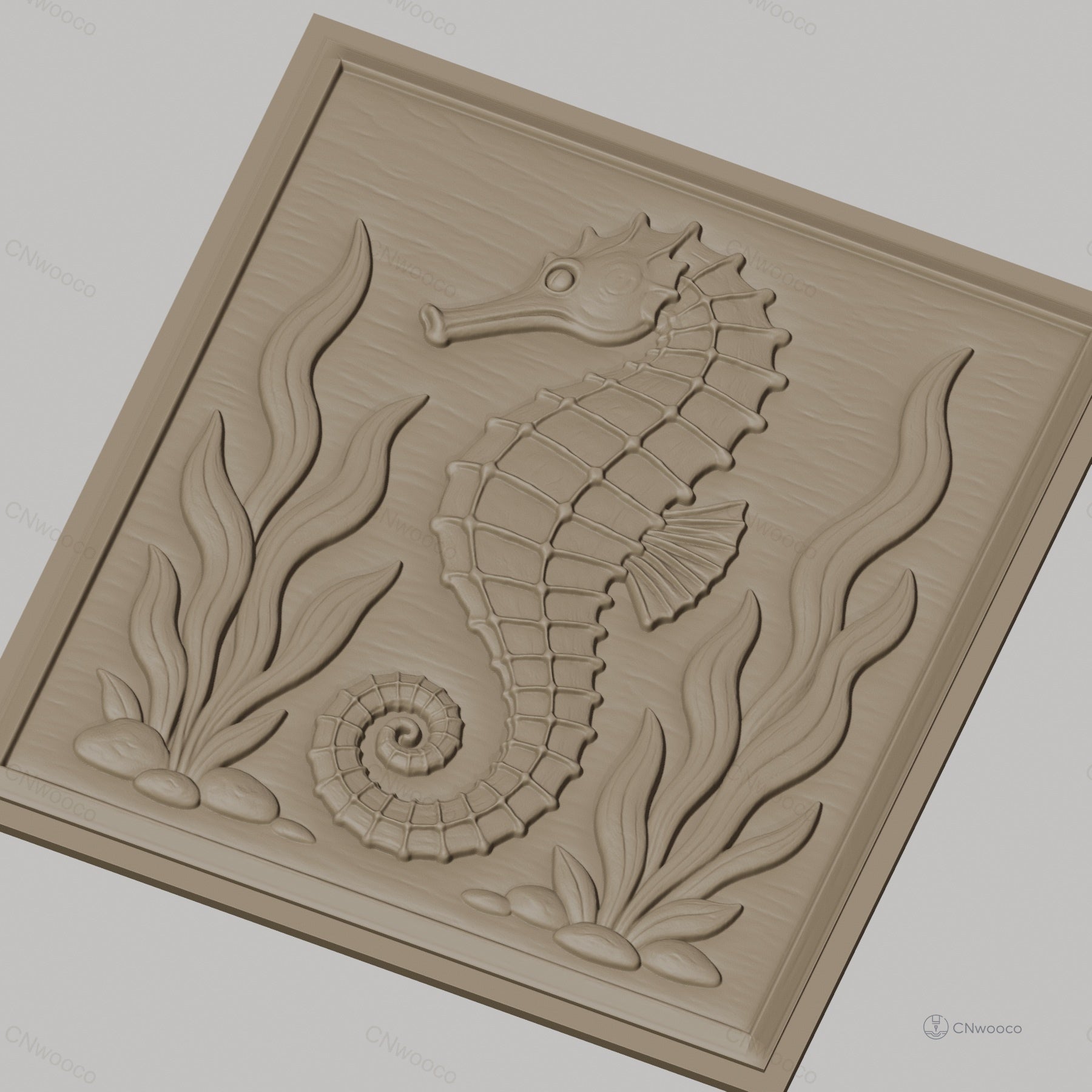 Fichier CNC & impression 3D hippocampe marin, algues et cailloux relief, haute qualité relief STL