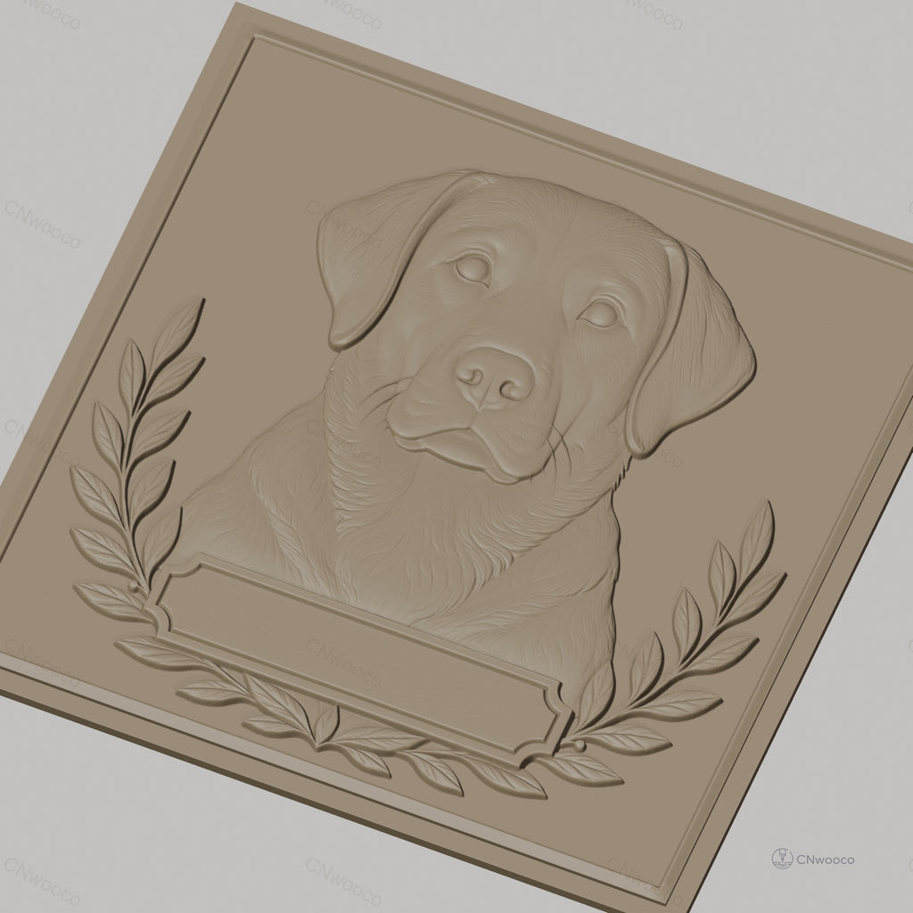 Fichier CNC & impression 3D chien labrador relief portrait, cadre feuille laurier, haute qualité relief STL