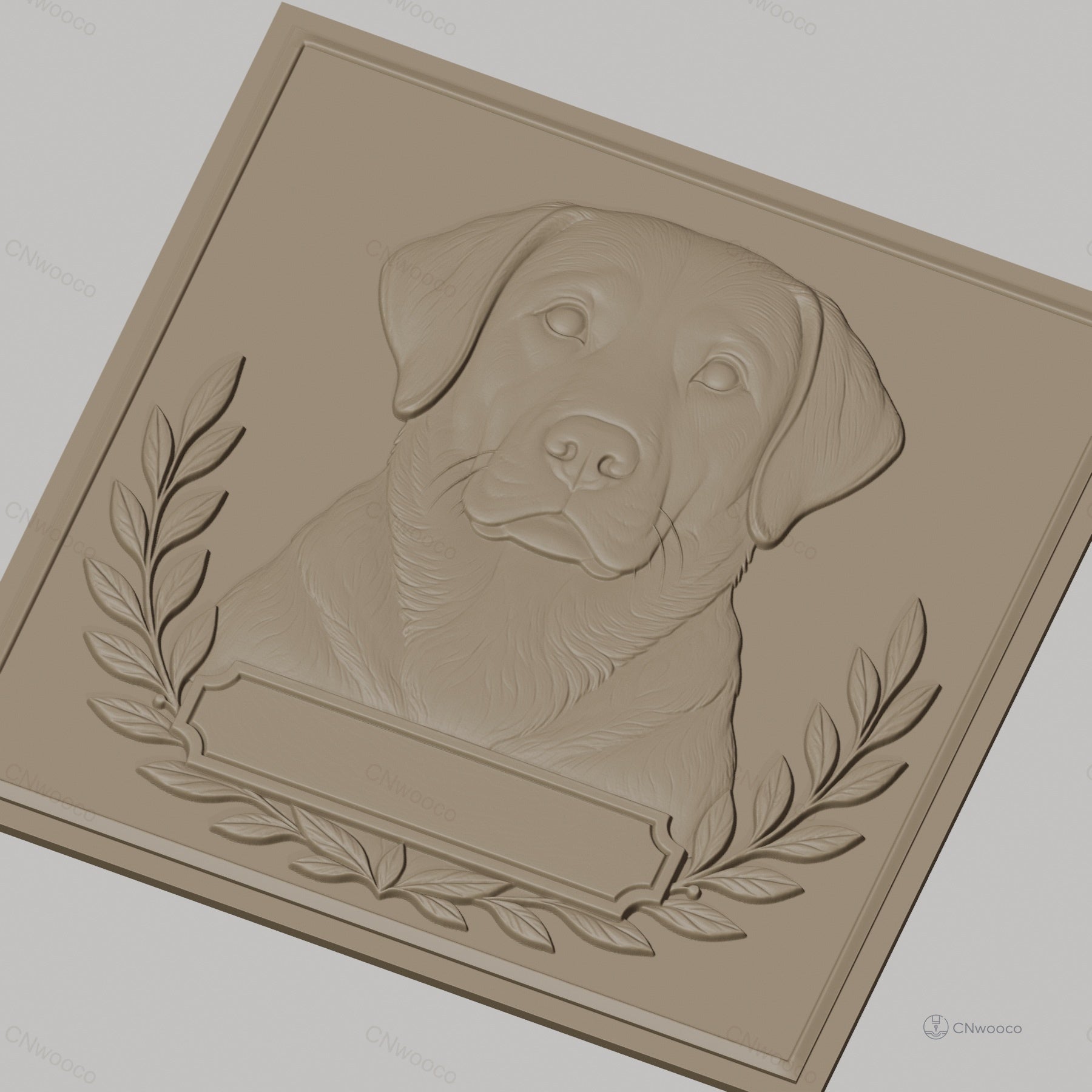 Fichier CNC & impression 3D chien labrador relief portrait, cadre feuille laurier, haute qualité relief STL