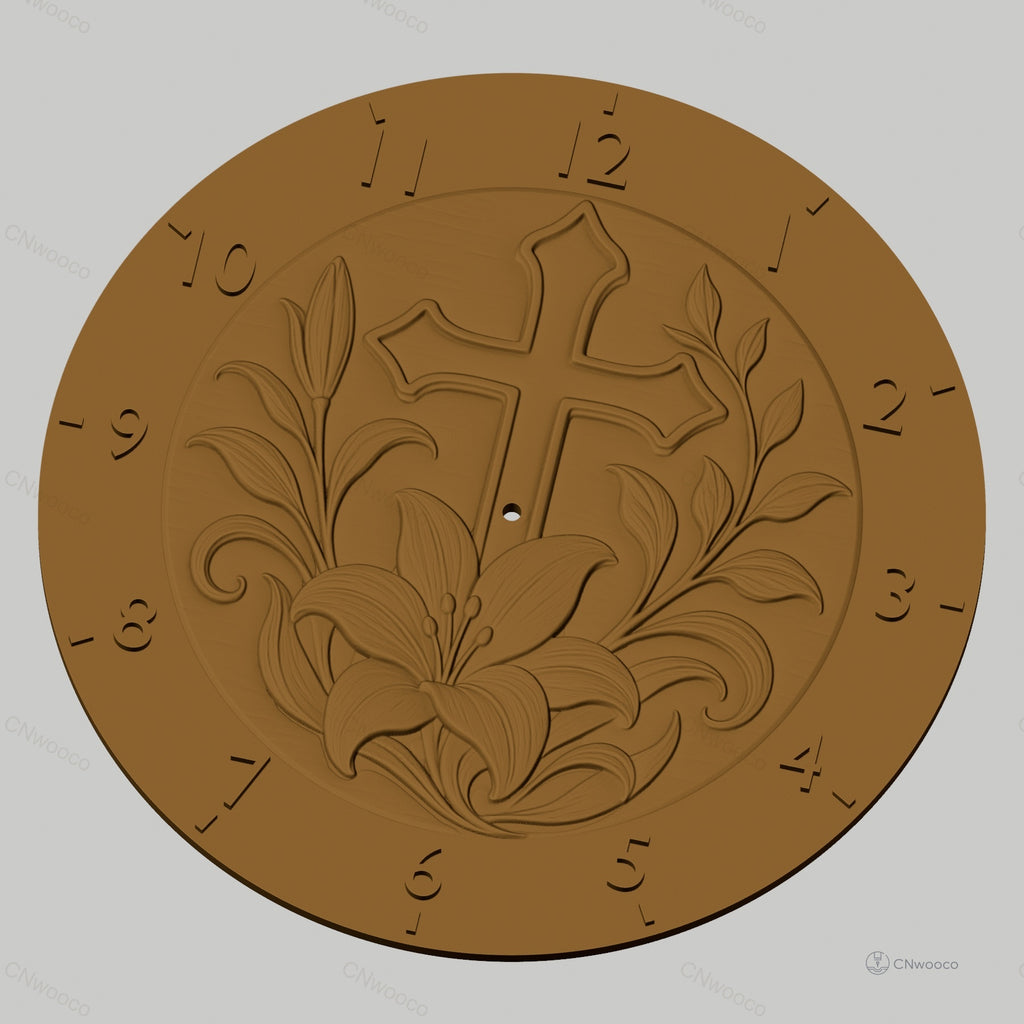 Fichier CNC & impression 3D horloge murale croix chrétienne et lys STL
