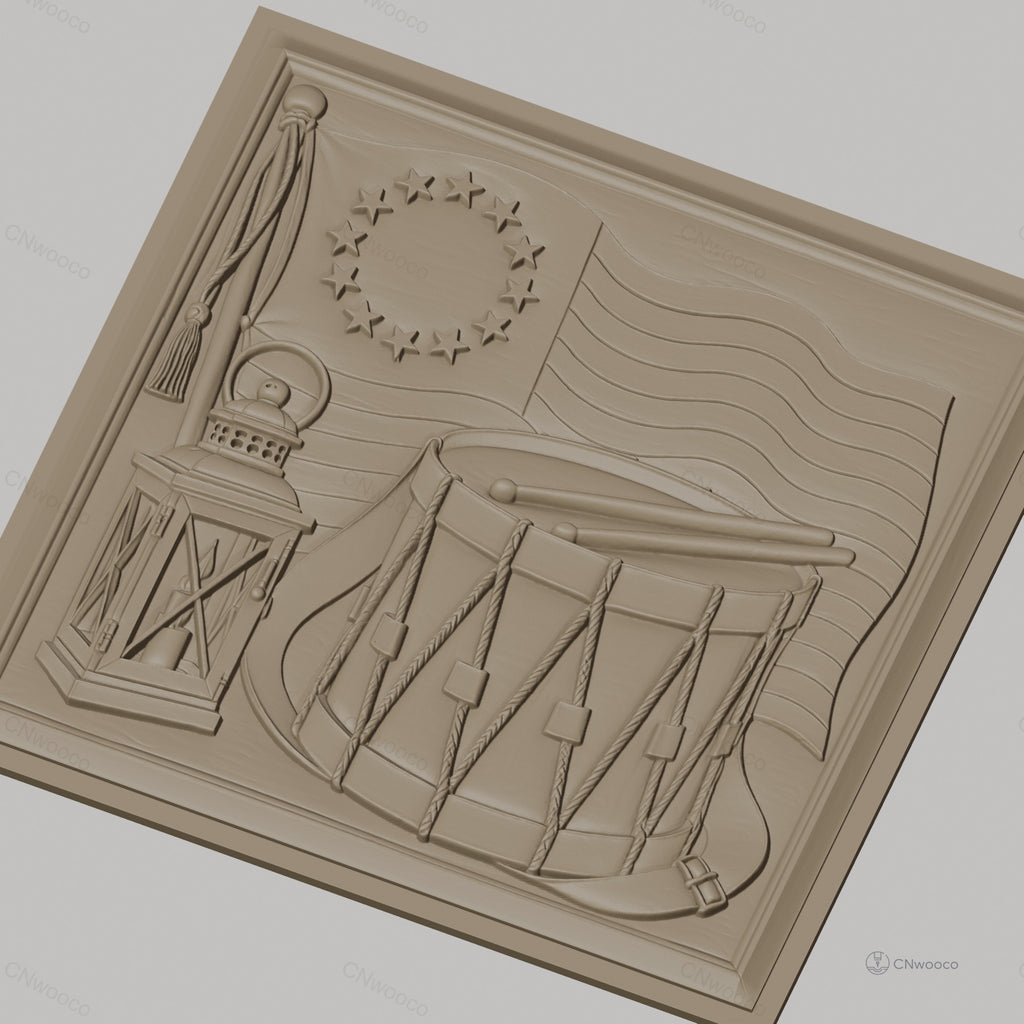 Fichier CNC & impression 3D drapeau américain révolutionnaire, tambour militaire et lanterne, haute qualité relief STL