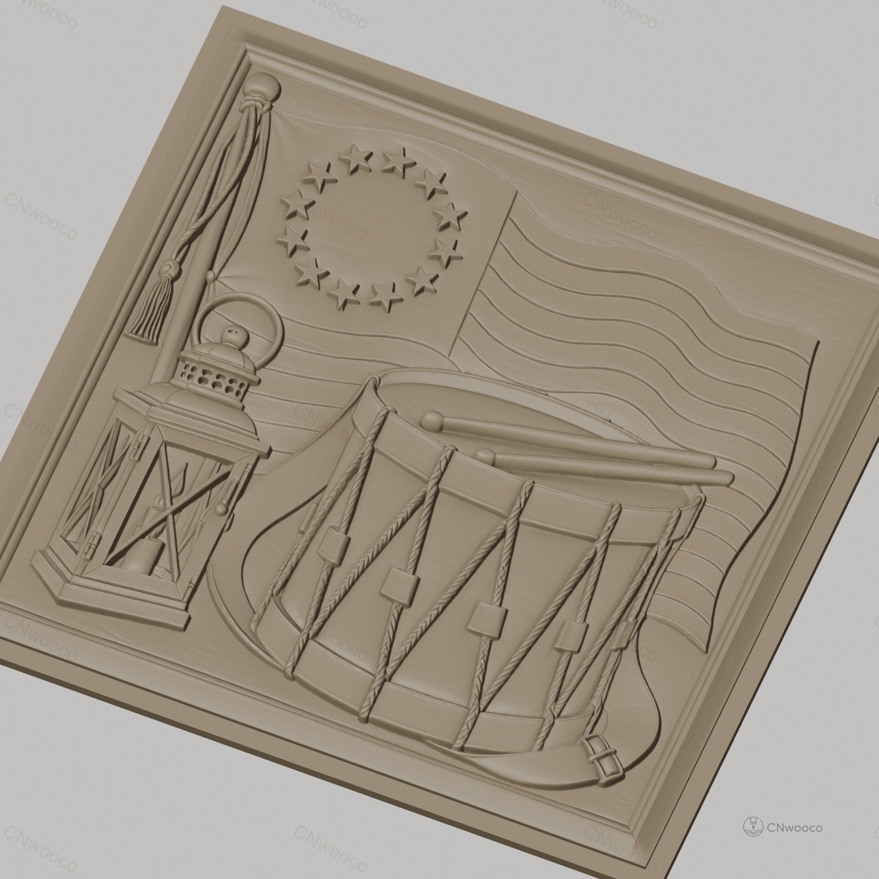 Fichier CNC & impression 3D drapeau américain révolutionnaire, tambour militaire et lanterne, haute qualité relief STL