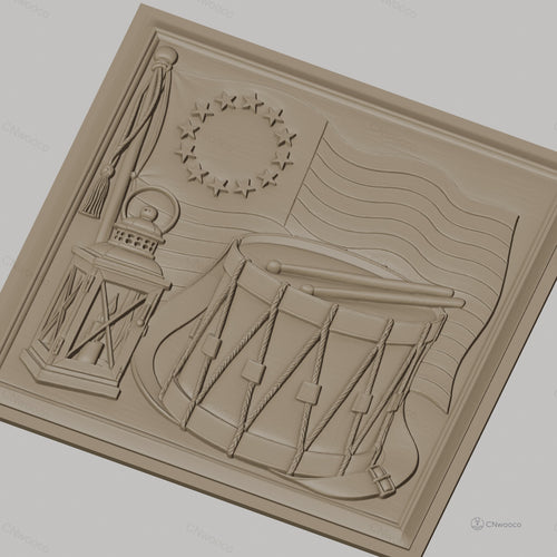 Fichier CNC & impression 3D drapeau américain révolutionnaire, tambour militaire et lanterne, haute qualité relief STL