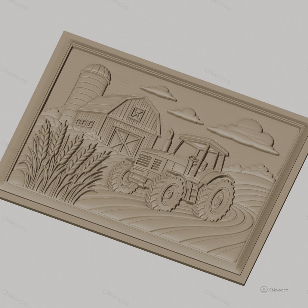 Fichier CNC & impression 3D ferme avec tracteur et silo, champ de blé, haute qualité relief STL
