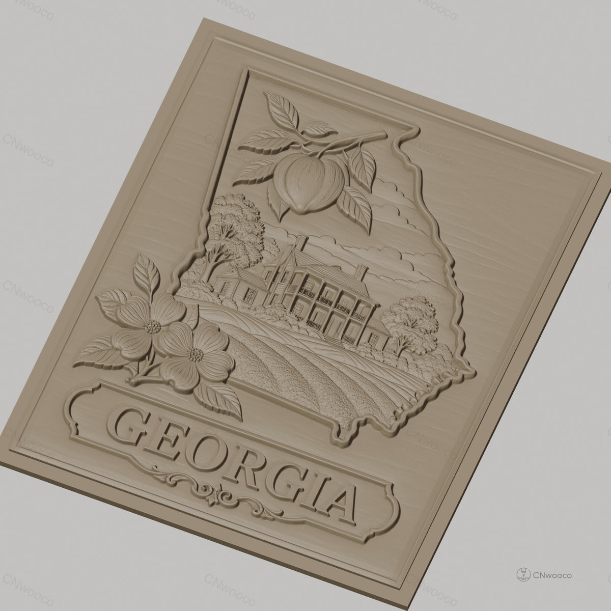 Fichier CNC & impression 3D carte de l'État de Géorgie, maison historique, pêche, fleur de cornouiller, haute qualité relief STL