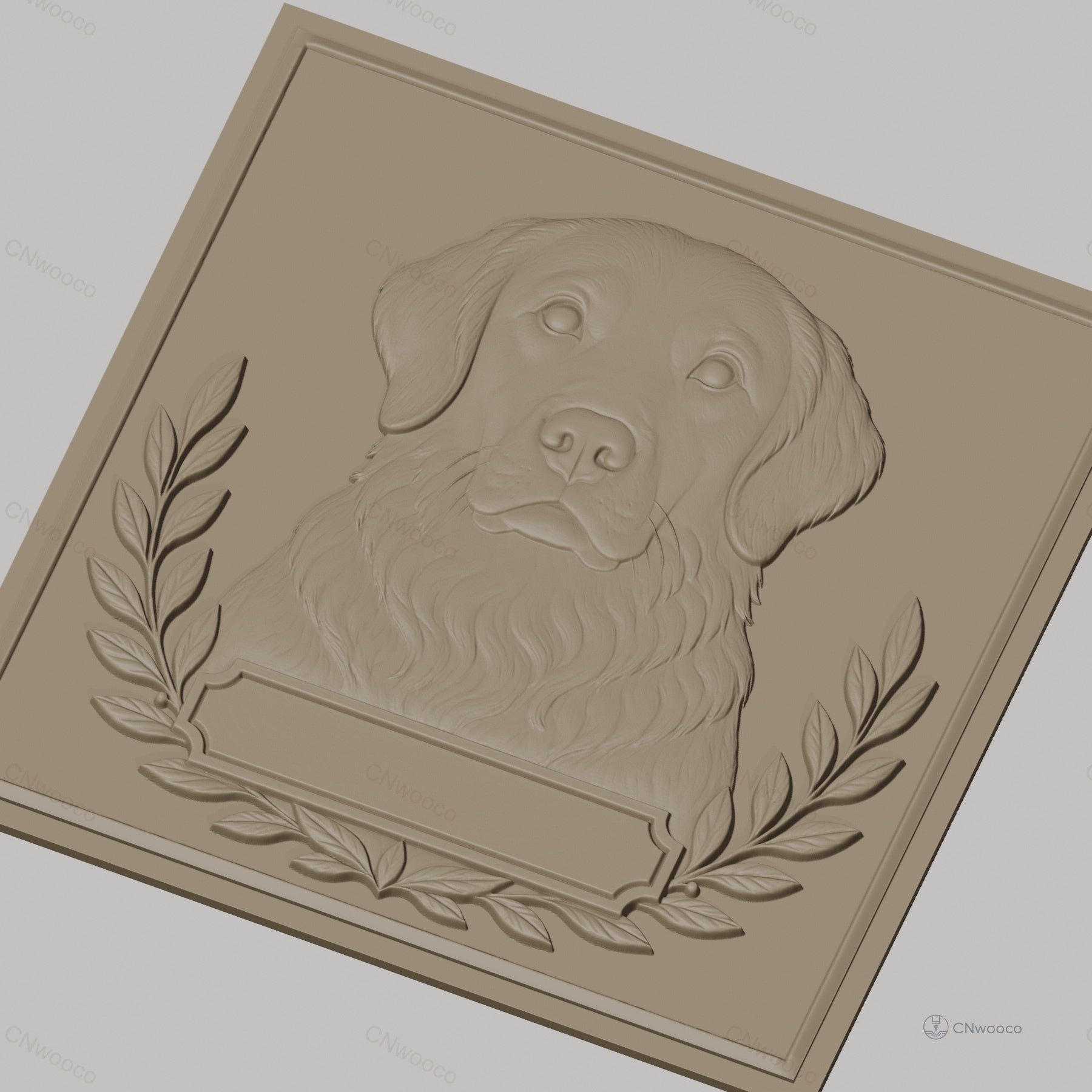 Fichier CNC & impression 3D chien golden retriever, relief portrait avec feuillage, haute qualité relief STL