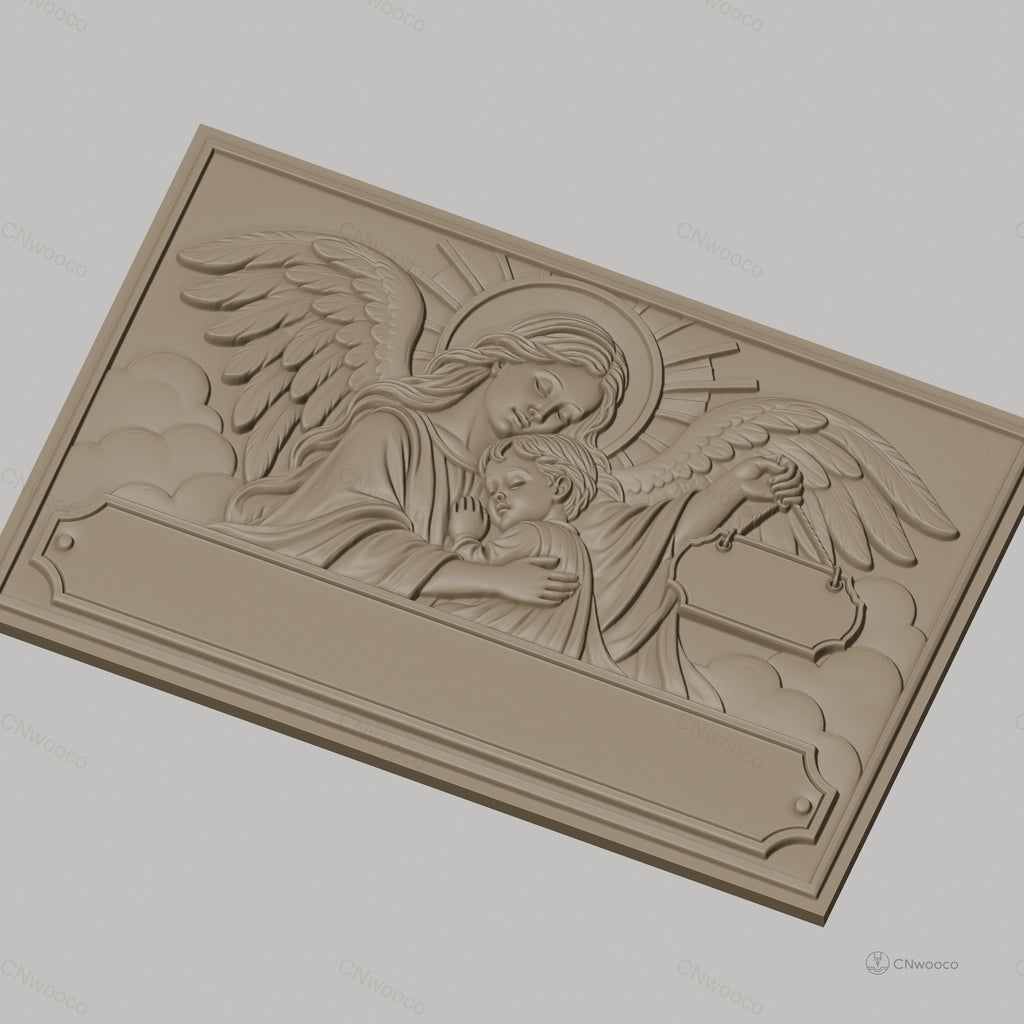 Fichier CNC & impression 3D ange gardien, enfant en étreinte avec ailes et auréole, haute qualité relief STL