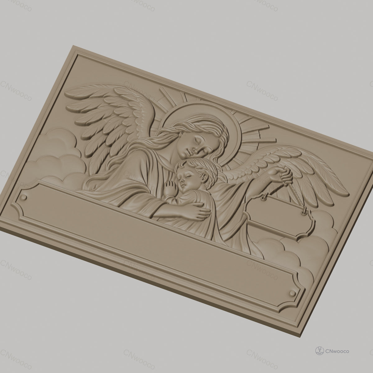 Fichier CNC & impression 3D ange gardien, enfant en étreinte avec ailes et auréole, haute qualité relief STL