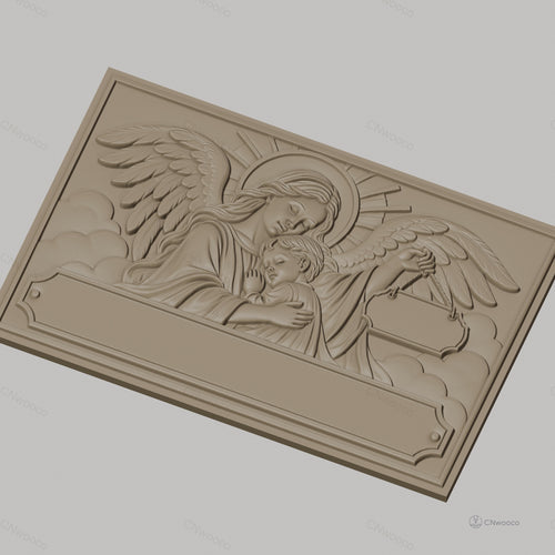 Fichier CNC & impression 3D ange gardien, enfant en étreinte avec ailes et auréole, haute qualité relief STL