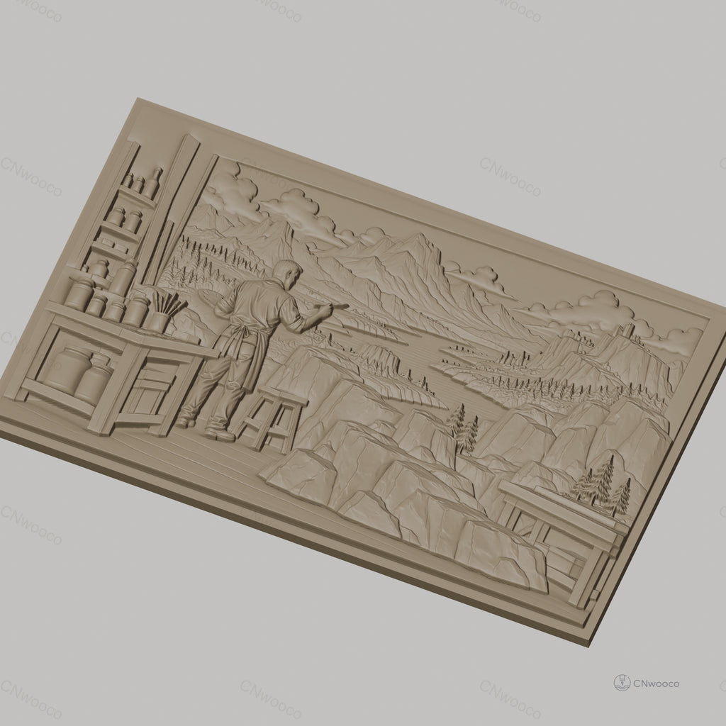 Fichier CNC & impression 3D peintre paysage montagne rivière atelier, haute qualité relief STL