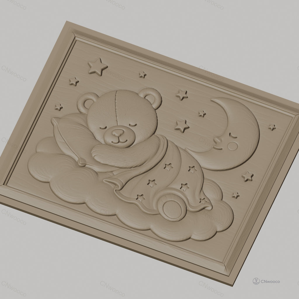 Fichier CNC & impression 3D ours endormi sur nuage, lune et étoiles, haute qualité relief STL