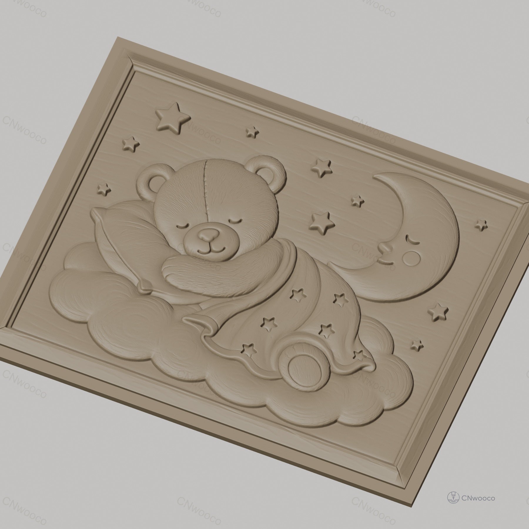 Fichier CNC & impression 3D ours endormi sur nuage, lune et étoiles, haute qualité relief STL