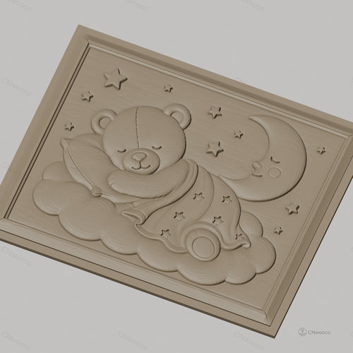 Fichier CNC & impression 3D ours endormi sur nuage, lune et étoiles, haute qualité relief STL