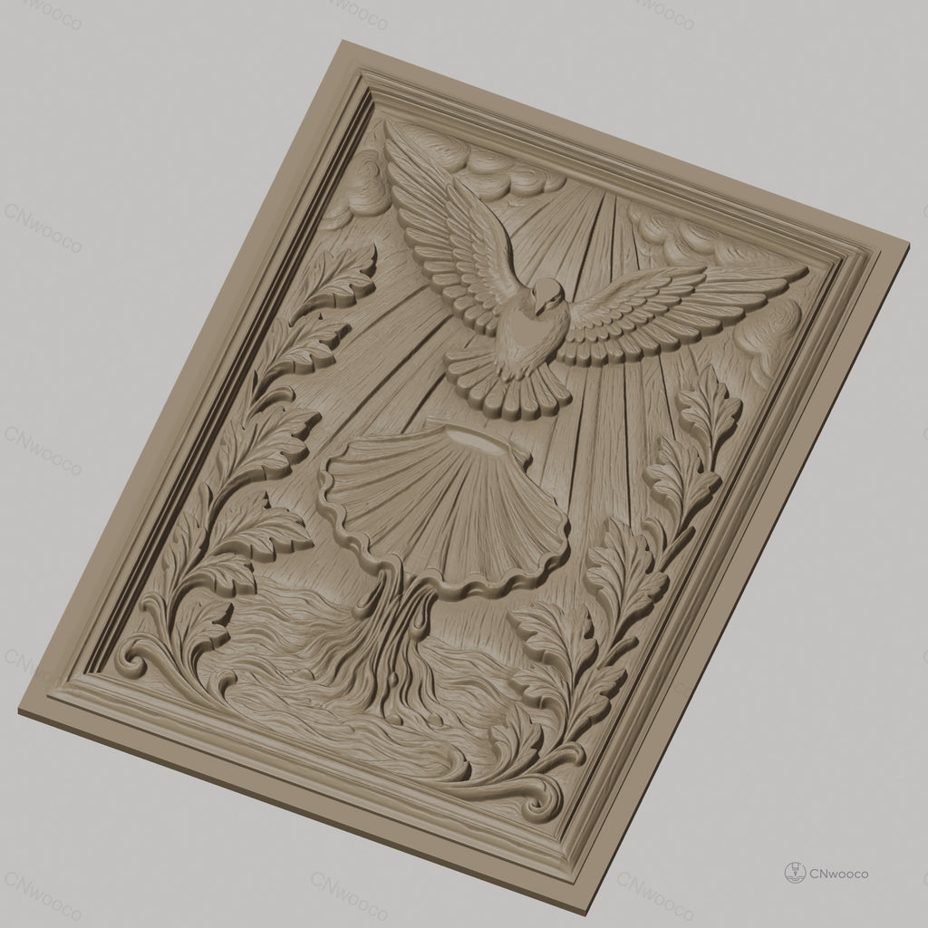 Fichier CNC & impression 3D colombe sacrée, baptême coquille et feuilles, haute qualité relief STL