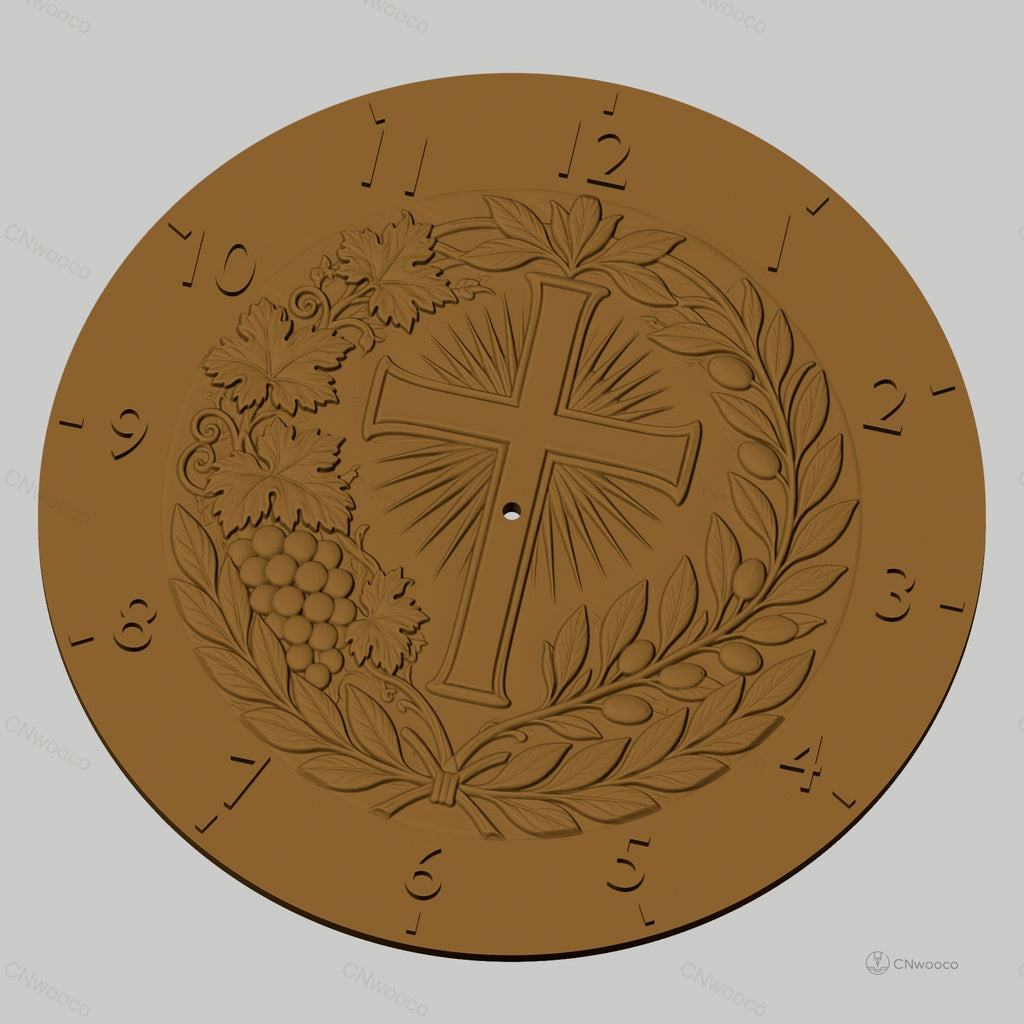 Fichier CNC & impression 3D horloge murale croix chrétienne raisin et olivier STL