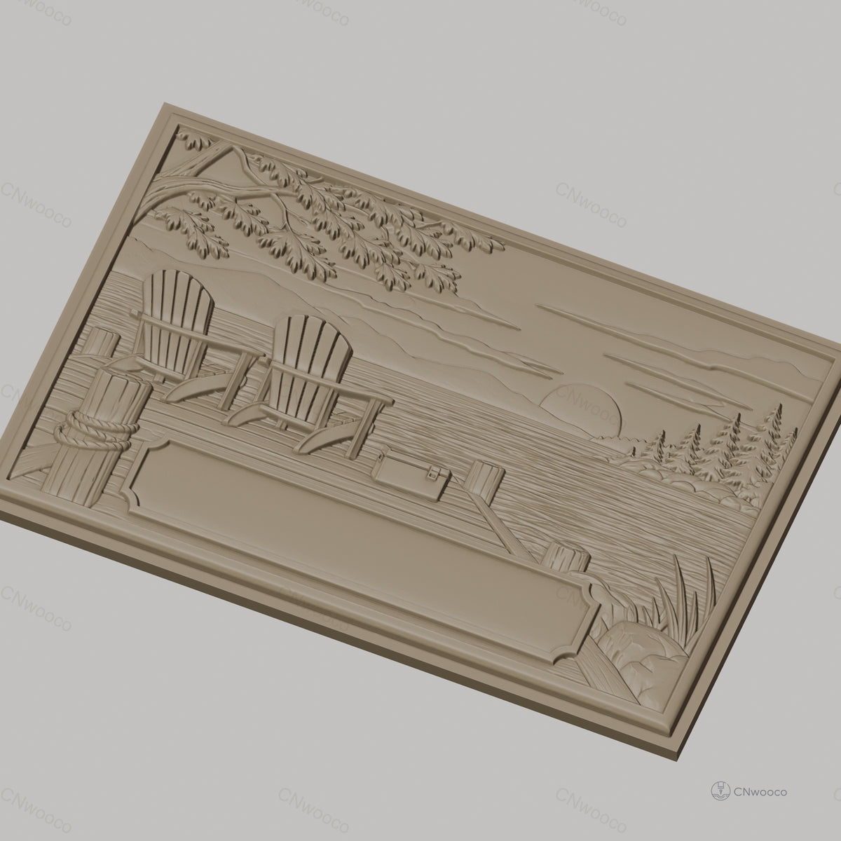 Fichier CNC & impression 3D bord de lac, chaises Adirondack sur quai avec coucher de soleil, haute qualité relief STL