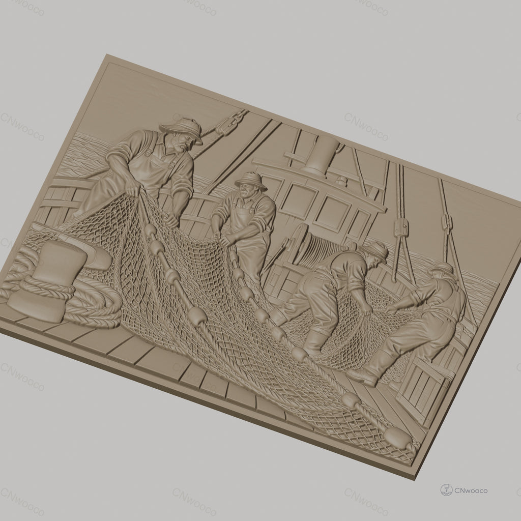 Fichier CNC & impression 3D pêcheurs et filet de pêche sur bateau, scène maritime travail haute qualité relief STL