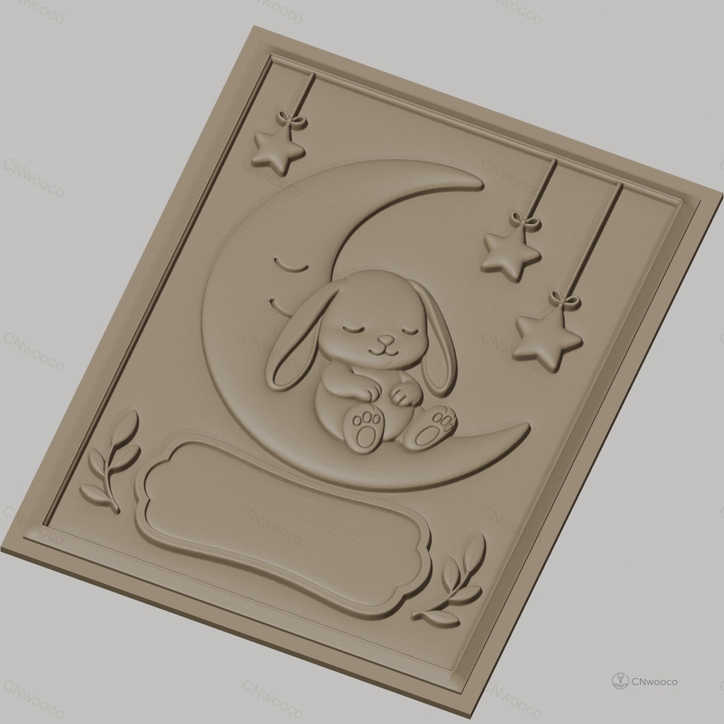 Fichier CNC & impression 3D bébé lapin sur lune avec étoiles, décoration murale relief, haute qualité relief STL