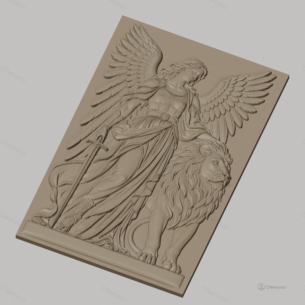 Fichier CNC & impression 3D ange guerrier avec épée et lion, haute qualité relief STL
