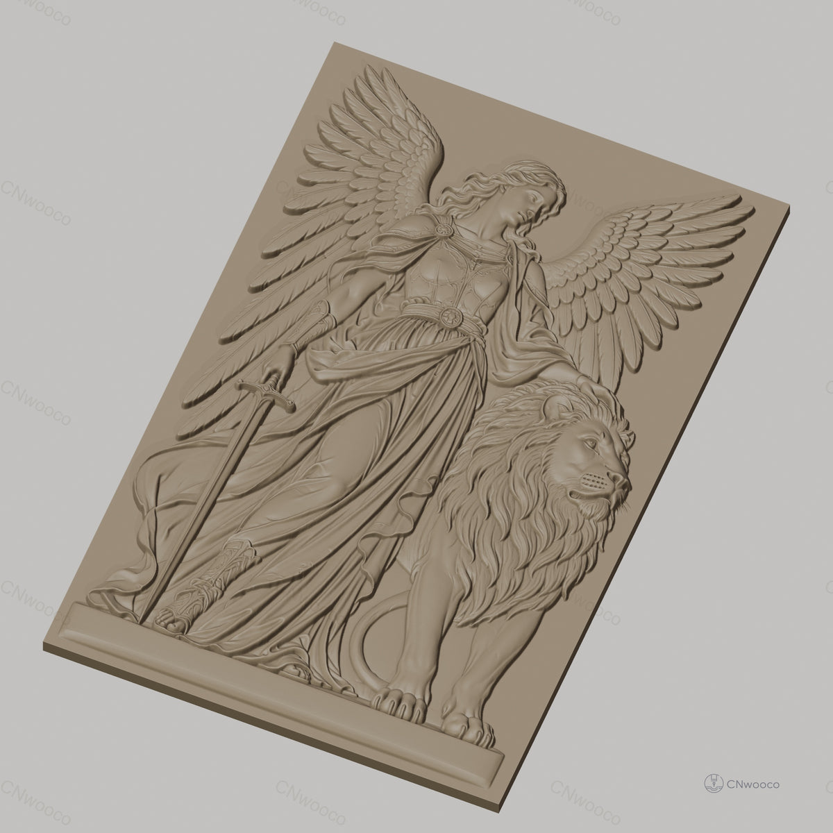 Fichier CNC & impression 3D ange guerrier avec épée et lion, haute qualité relief STL