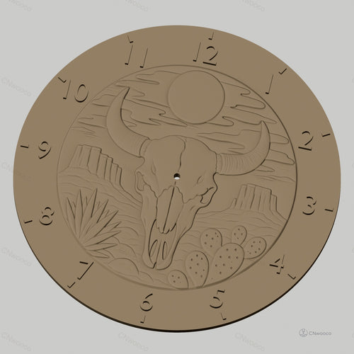 Fichier CNC & impression 3D horloge murale crâne de buffle désert et cactus STL