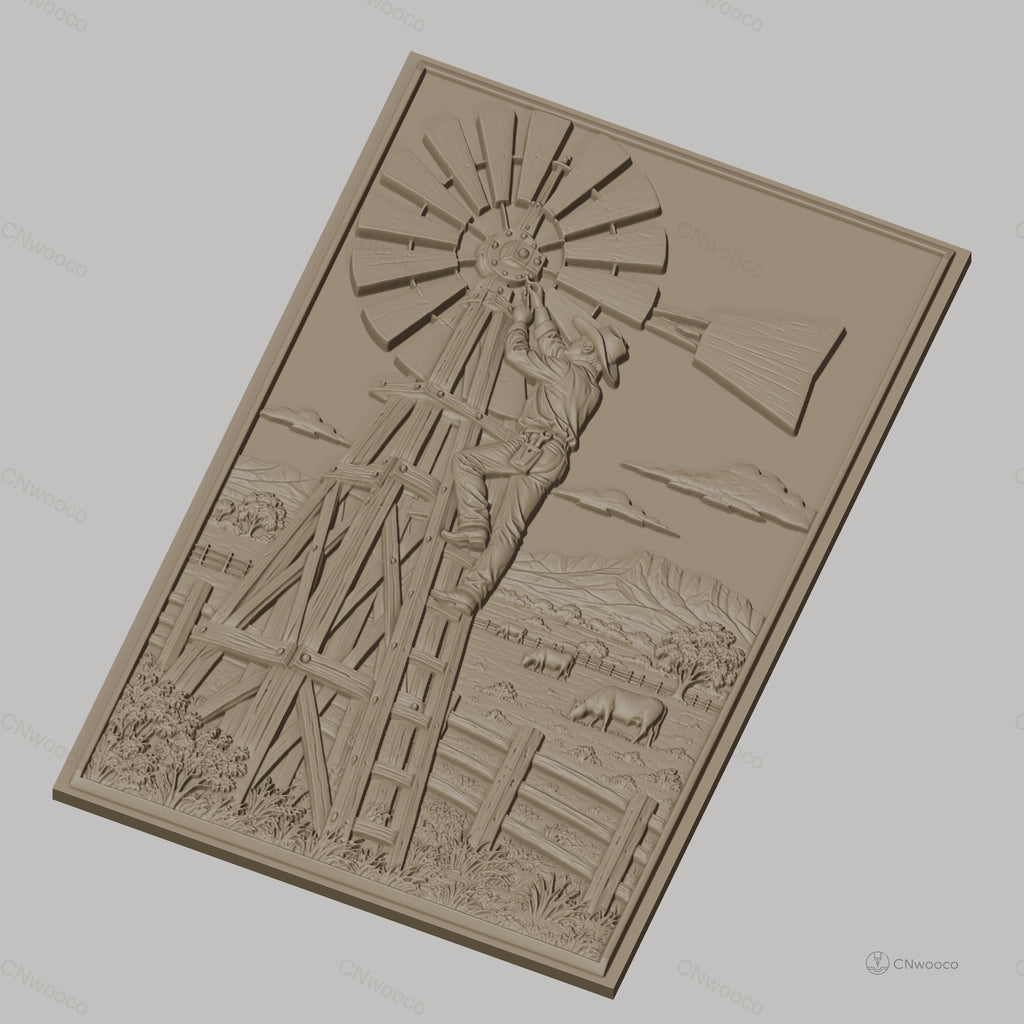 Fichier CNC & impression 3D ferme américaine, homme réparant une éolienne, paysage avec vaches, haute qualité relief STL