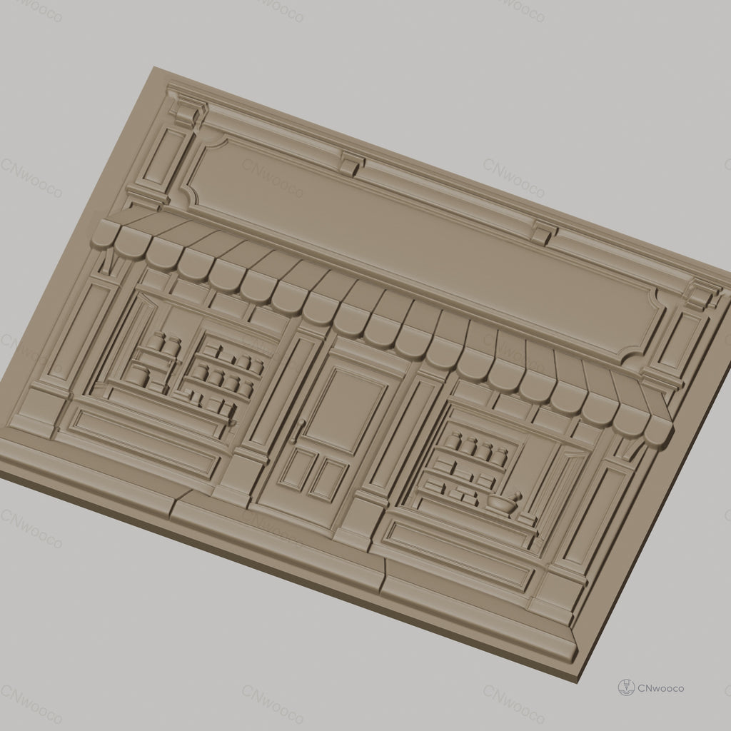 Fichier CNC & impression 3D facade boutique vintage, vitrine étagères pots, haute qualité relief STL