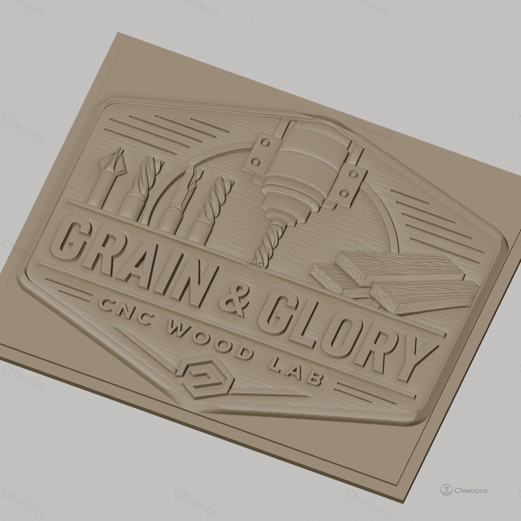 Fichier CNC & impression 3D logo grain et glory, fraises CNC et planches de bois, haute qualité relief STL