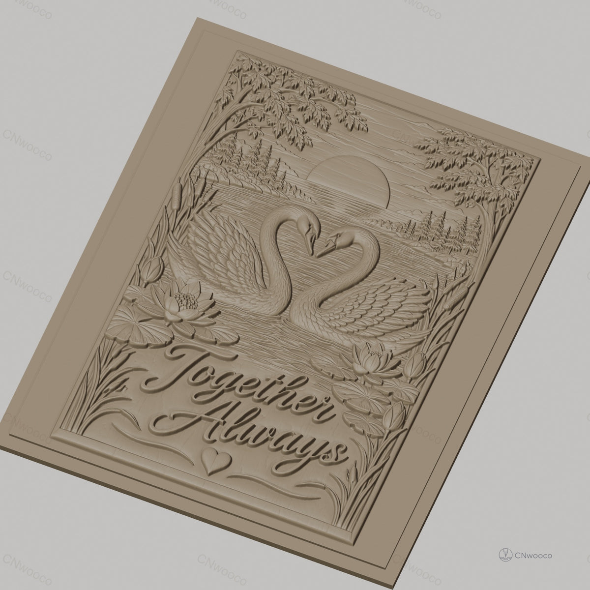 Fichier CNC & impression 3D cygnes en amour, lac, fleurs de nénuphar, texte Together Always, haute qualité relief STL