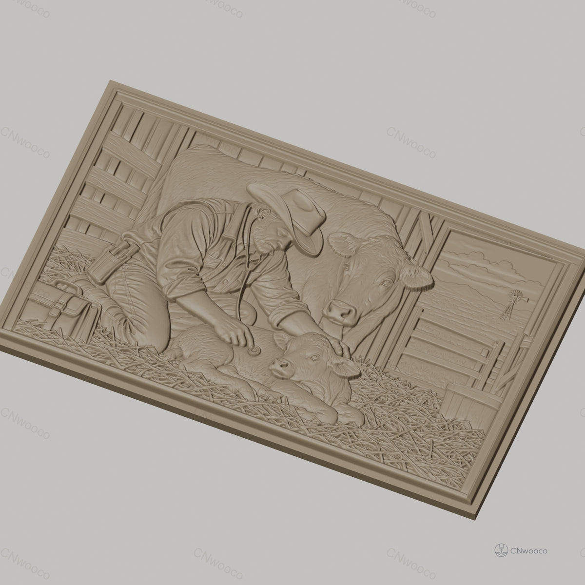 Fichier CNC & impression 3D vétérinaire et vaches, fermier médecin avec veau dans grange, haute qualité relief STL