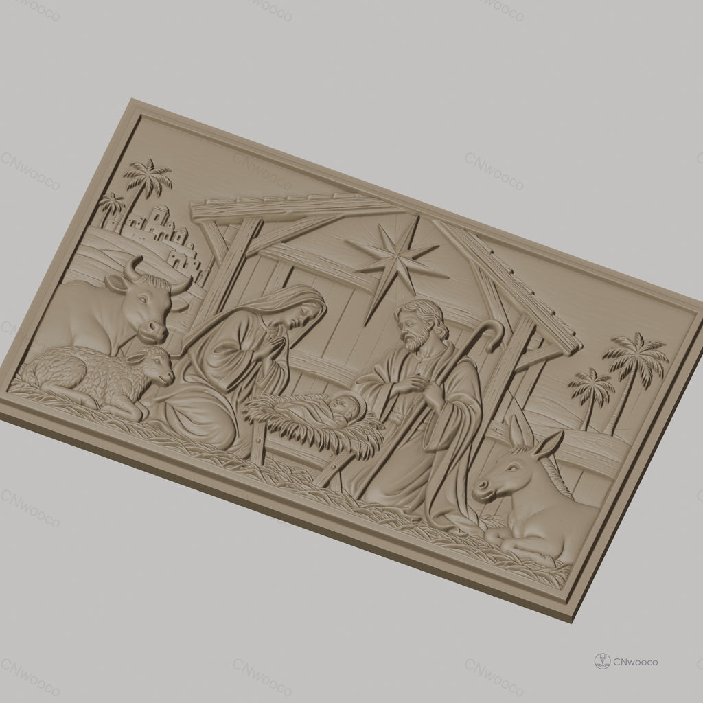 Fichier CNC & impression 3D scène de la nativité, Marie Joseph Jésus crèche animaux, haute qualité relief STL