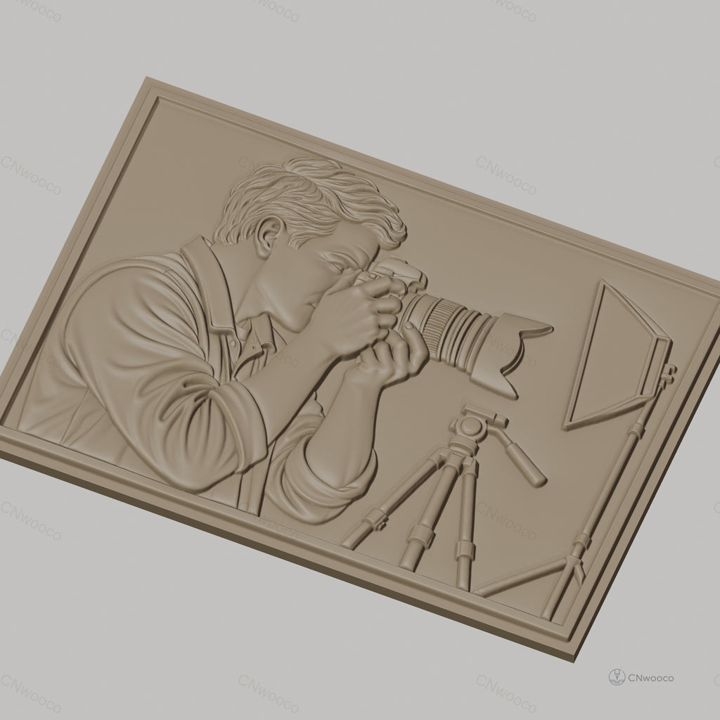 Fichier CNC & impression 3D photographe avec appareil photo reflex, trépied et éclairage, haute qualité relief STL