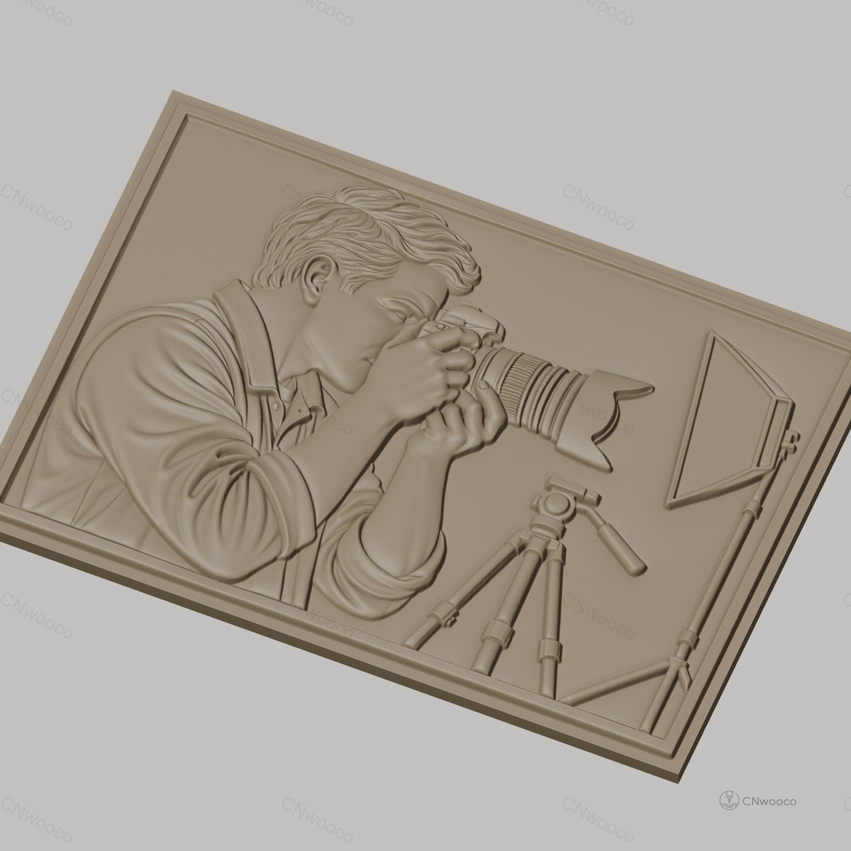 Fichier CNC & impression 3D photographe avec appareil photo reflex, trépied et éclairage, haute qualité relief STL