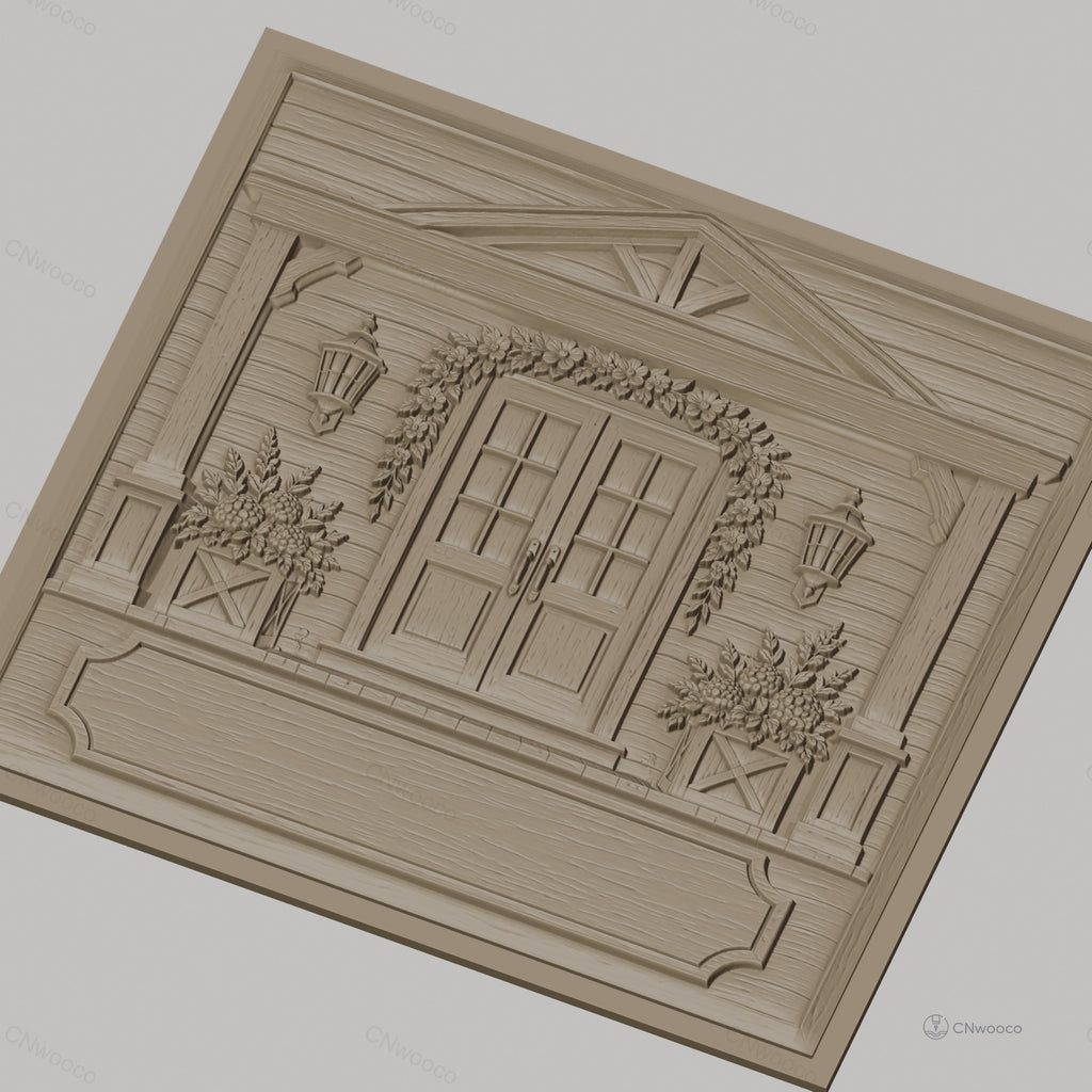Fichier CNC & impression 3D maison, porte double avec fleurs et lanternes, haute qualité relief STL