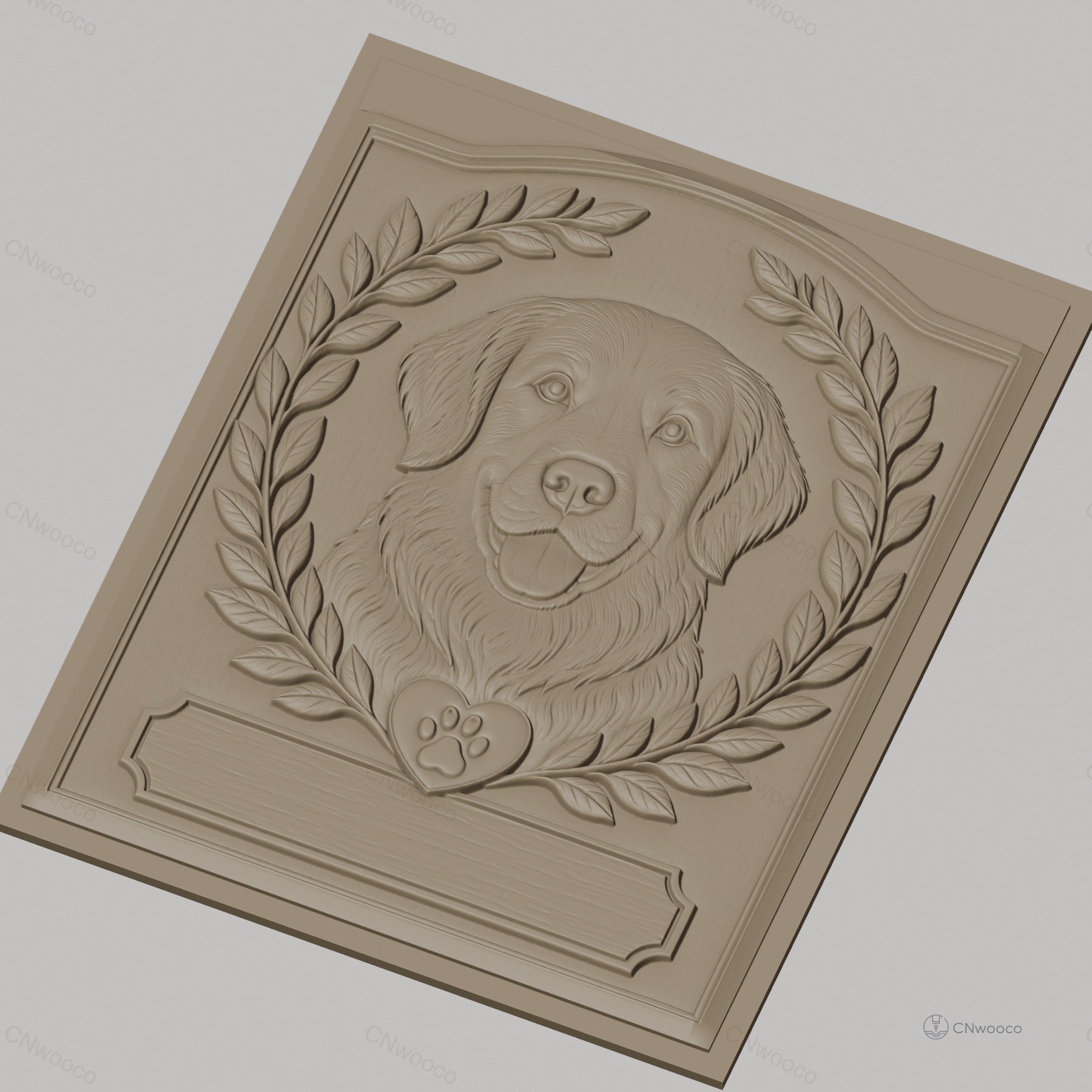 Fichier CNC & impression 3D chien Golden Retriever, couronnes de feuilles et cœur patte, haute qualité relief STL