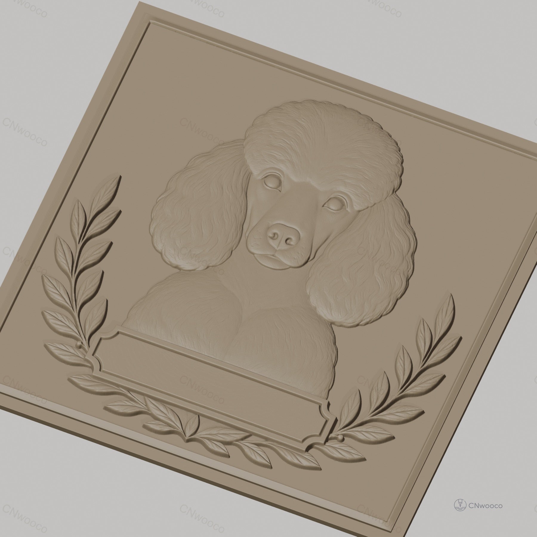 Fichier CNC & impression 3D chien caniche avec feuilles décoratives, haute qualité relief STL