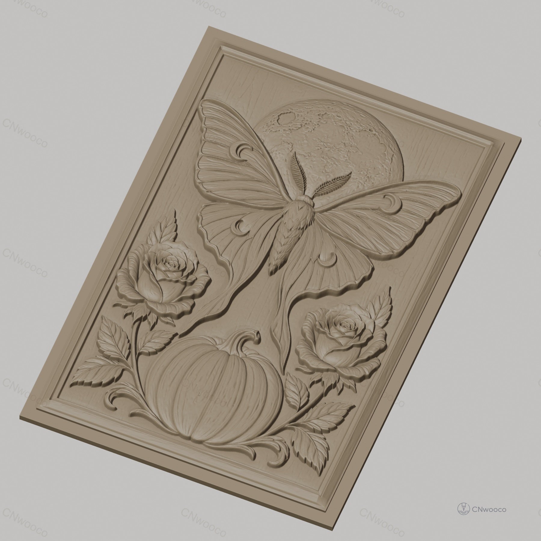 Fichier CNC & impression 3D papillon de nuit, lune, citrouille et roses, haute qualité relief STL