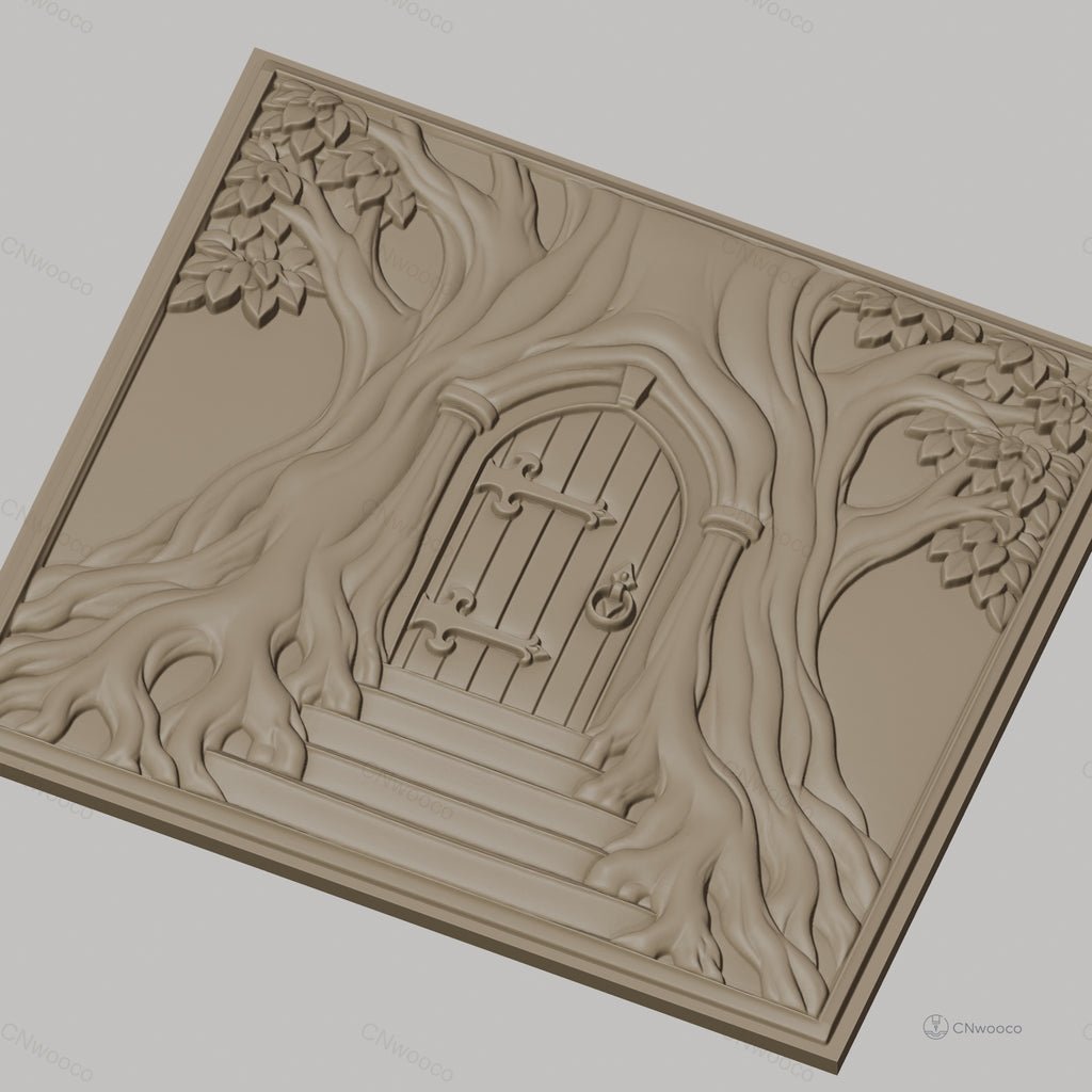 Fichier CNC & impression 3D porte dans arbre, racines et feuilles, haute qualité relief STL