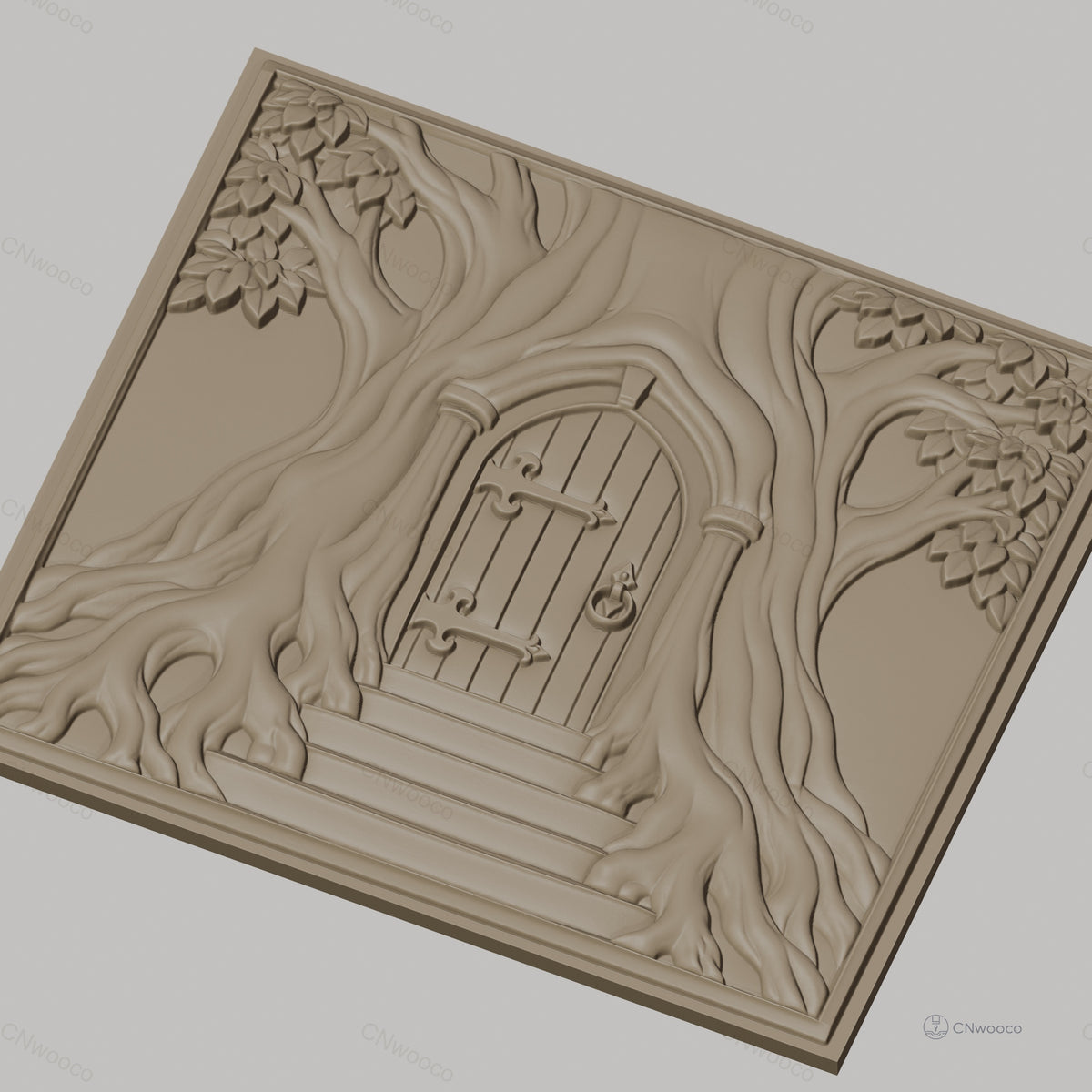 Fichier CNC & impression 3D porte dans arbre, racines et feuilles, haute qualité relief STL