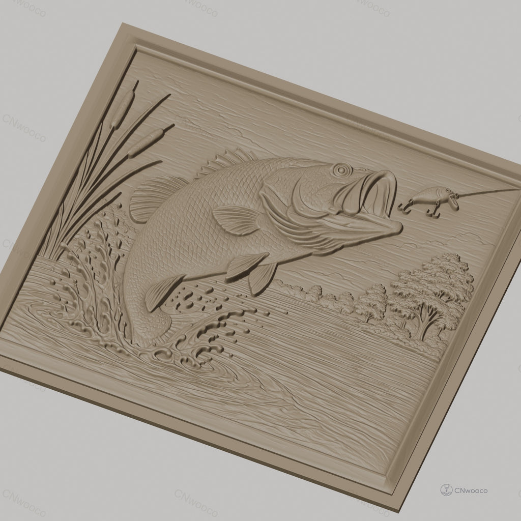 Fichier CNC & impression 3D poisson bass sautant, leurre de pêche et eau éclaboussante, haute qualité relief STL