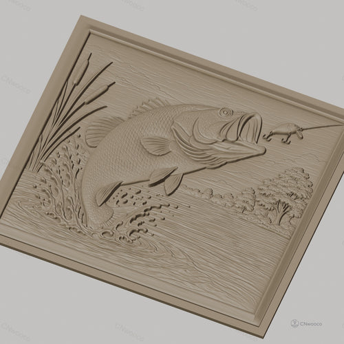 Fichier CNC & impression 3D poisson bass sautant, leurre de pêche et eau éclaboussante, haute qualité relief STL