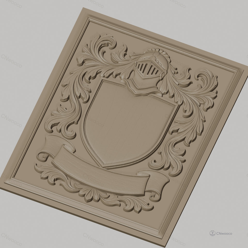 Fichier CNC & impression 3D blason médiéval, casque et ornements floraux, haute qualité relief STL