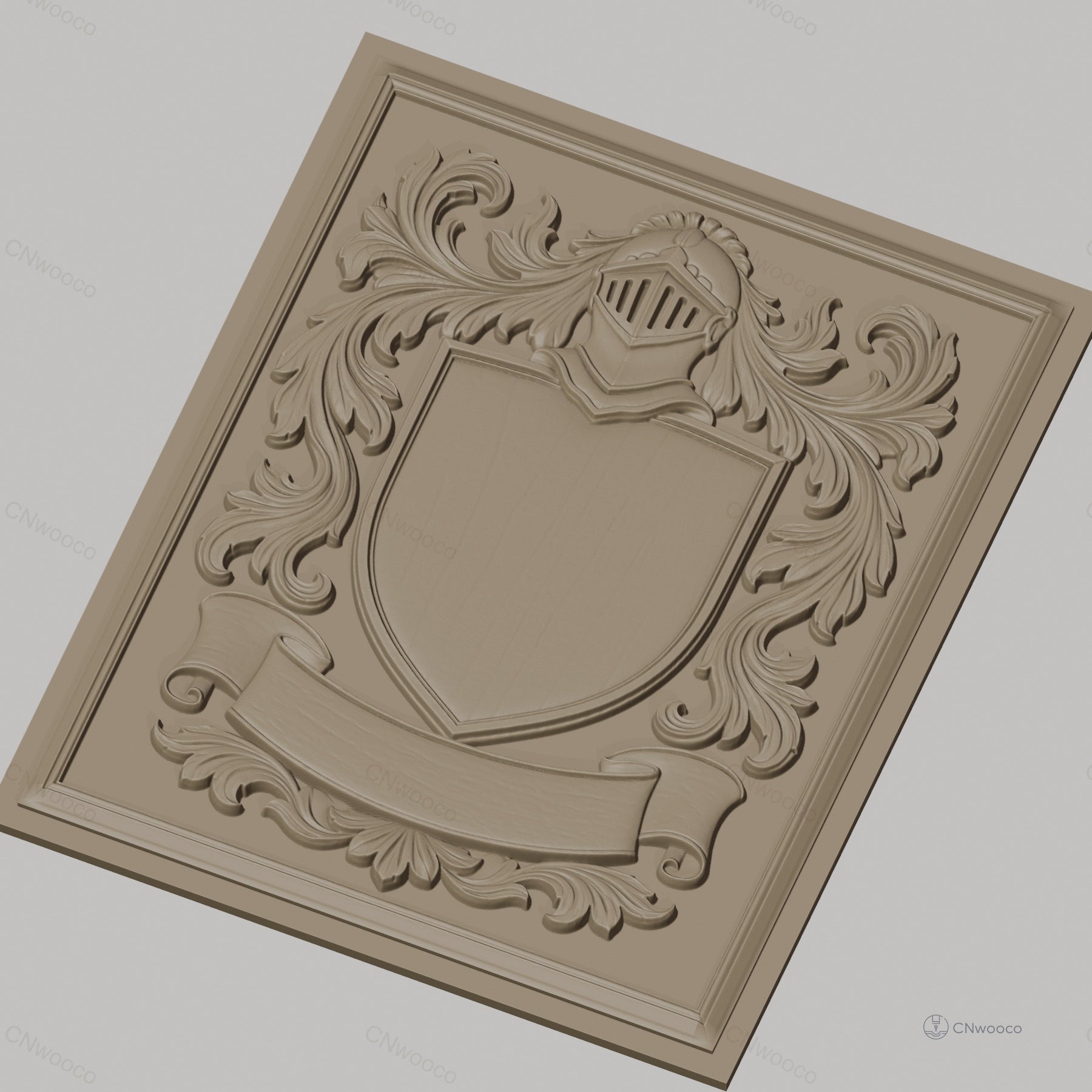 Fichier CNC & impression 3D blason médiéval, casque et ornements floraux, haute qualité relief STL