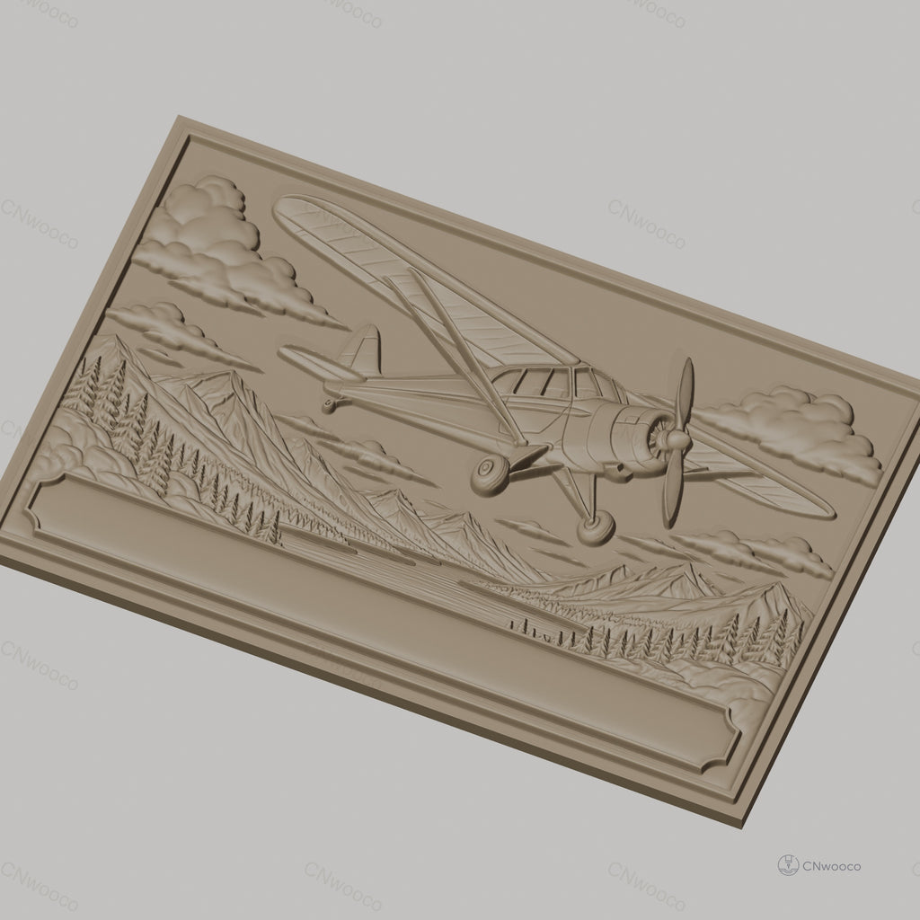 Fichier CNC & impression 3D avion vintage, paysage montagne forêt et rivière, haute qualité relief STL