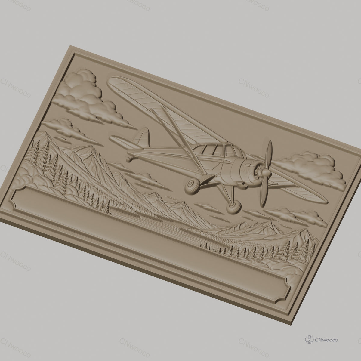 Fichier CNC & impression 3D avion vintage, paysage montagne forêt et rivière, haute qualité relief STL