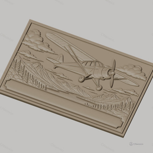 Fichier CNC & impression 3D avion vintage, paysage montagne forêt et rivière, haute qualité relief STL